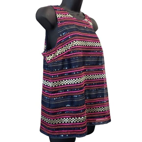 Trina Turk Sequined Blouse Top Women's 6 SMALL Pink Blue Orange Gold Embroidered - Picture 2 of 12